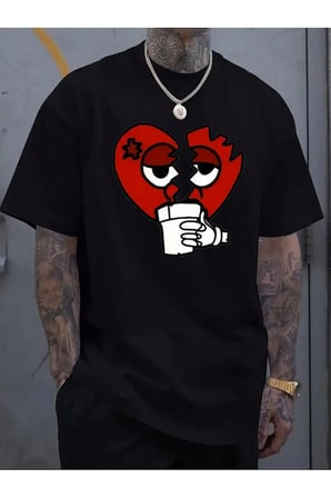 Unisex Kırık Kalp bardak Baskılı Oversize Tshirt