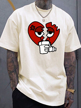Unisex Kırık Kalp bardak Baskılı Oversize Tshirt