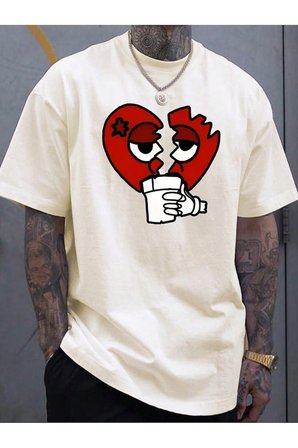 Unisex Kırık Kalp bardak Baskılı Oversize Tshirt