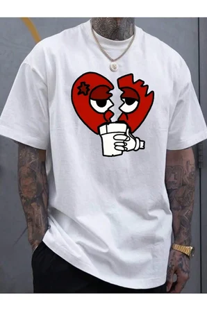 Unisex Kırık Kalp bardak Baskılı Oversize Tshirt