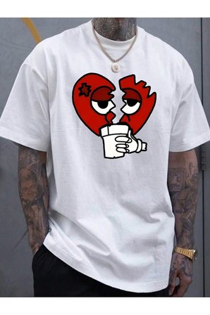 Unisex Kırık Kalp bardak Baskılı Oversize Tshirt