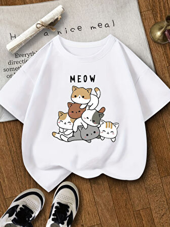 Çocuk Meow baskılı Pamuklu Tshirt