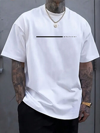 Unisex Çizgili Whatever Baskılı Oversize Tshirt