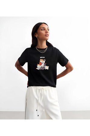 Unisex Meow Baskılı Tasarım Tshirt