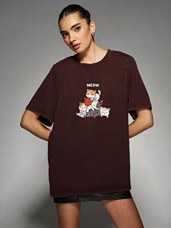 Unisex Meow Baskılı Tasarım Tshirt