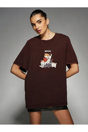 Unisex Meow Baskılı Tasarım Tshirt