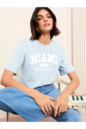 Pamuklu Miami Baskılı Oversize T-shirt
