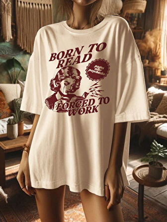 Beyaz Born to Reat Baskılı Oversize T-Shirt