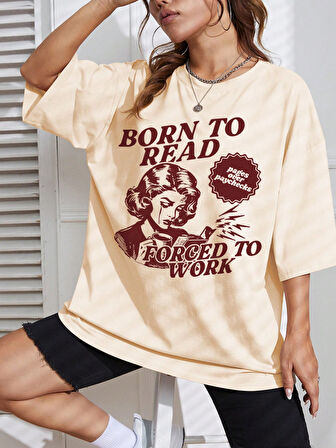 Beyaz Born to Reat Baskılı Oversize T-Shirt