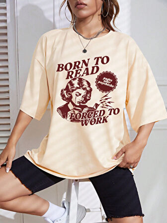 Beyaz Born to Reat Baskılı Oversize T-Shirt