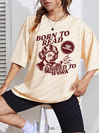 Beyaz Born to Reat Baskılı Oversize T-Shirt