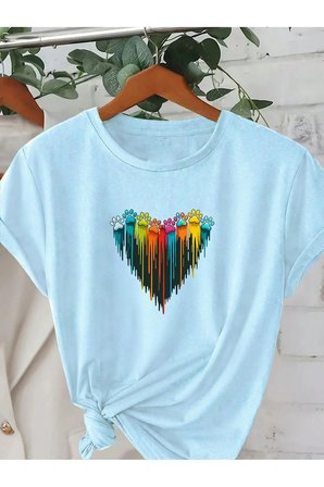 Unisex Sevimli Kedi Patili Kalp Tasarım Basklı Tshirt