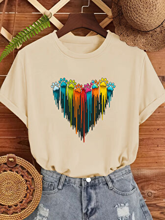 Unisex Sevimli Kedi Patili Kalp Tasarım Basklı Tshirt