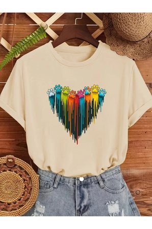 Unisex Sevimli Kedi Patili Kalp Tasarım Basklı Tshirt