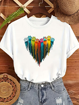 Unisex Sevimli Kedi Patili Kalp Tasarım Basklı Tshirt