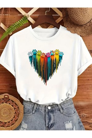 Unisex Sevimli Kedi Patili Kalp Tasarım Basklı Tshirt