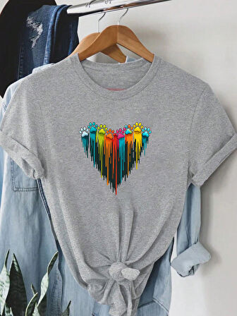 Unisex Sevimli Kedi Patili Kalp Tasarım Basklı Tshirt