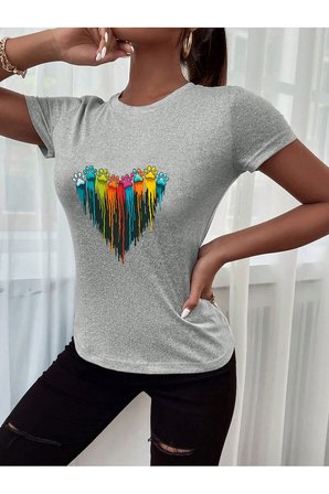 Unisex Sevimli Kedi Patili Kalp Tasarım Basklı Tshirt