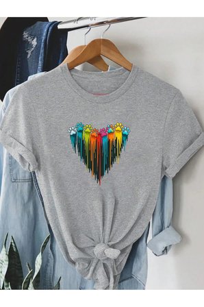Unisex Sevimli Kedi Patili Kalp Tasarım Basklı Tshirt