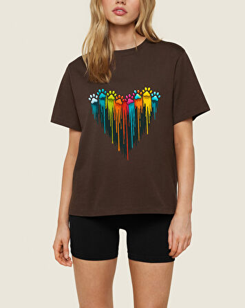 Unisex Sevimli Kedi Patili Kalp Tasarım Basklı Tshirt