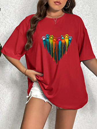 Unisex Sevimli Kedi Patili Kalp Tasarım Basklı Tshirt