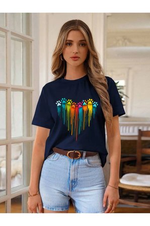Unisex Sevimli Kedi Patili Kalp Tasarım Basklı Tshirt
