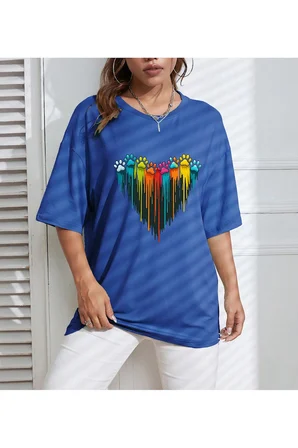 Unisex Sevimli Kedi Patili Kalp Tasarım Basklı Tshirt