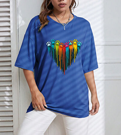 Unisex Sevimli Kedi Patili Kalp Tasarım Basklı Tshirt
