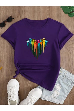 Unisex Sevimli Kedi Patili Kalp Tasarım Basklı Tshirt