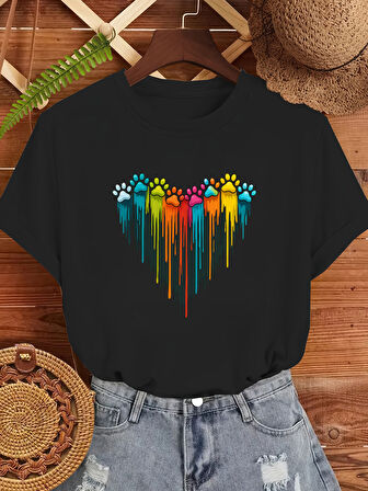 Unisex Sevimli Kedi Patili Kalp Tasarım Basklı Tshirt