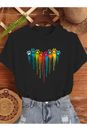 Unisex Sevimli Kedi Patili Kalp Tasarım Basklı Tshirt