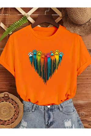 Unisex Sevimli Kedi Patili Kalp Tasarım Basklı Tshirt