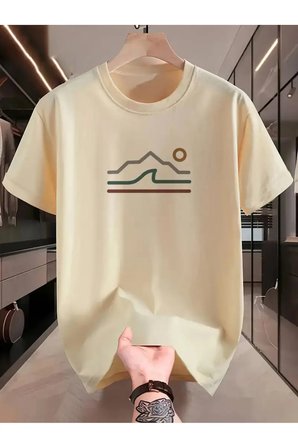 Unisex Güneşli Dağ Tasarım Basklı Tshirt
