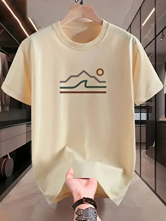Unisex Güneşli Dağ Tasarım Basklı Tshirt