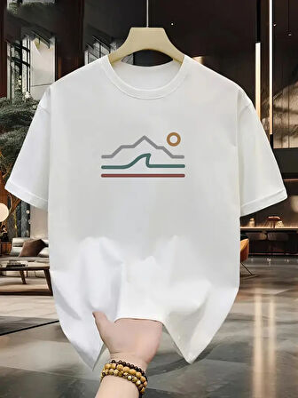 Unisex Güneşli Dağ Tasarım Basklı Tshirt