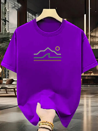 Unisex Güneşli Dağ Tasarım Basklı Tshirt