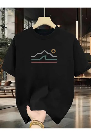 Unisex Güneşli Dağ Tasarım Basklı Tshirt
