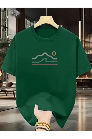 Unisex Güneşli Dağ Tasarım Basklı Tshirt