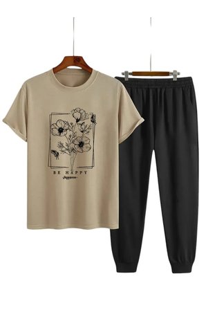 Unisex BE HAPPY Tasarım Basklı Tshirt Eşofman Takımı