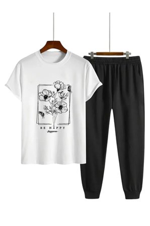 Unisex BE HAPPY Tasarım Basklı Tshirt Eşofman Takımı