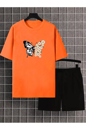 Unisex PAPATYA KELEBEK Tasarım Basklı Tshirt Eşofman Takımı
