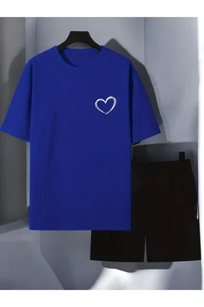 Unisex Cep Kalp Baskılı Tasarım Şort Takım