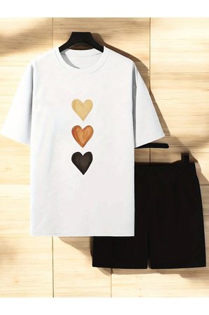 Unisex 3 Kalp Baskılı Tasarım Şort Takım