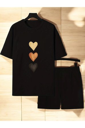 Unisex 3 Kalp Baskılı Tasarım Şort Takım