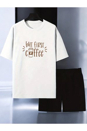 Unisex Coffe Baskılı Tasarım Şort Takım