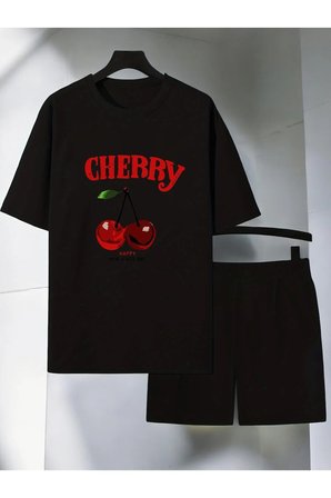 Unisex Happy Cherry Baskılı Tasarım Şort Takım