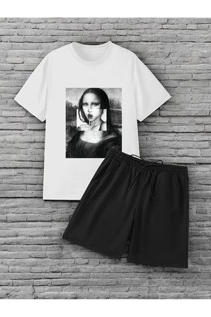 Unisex Mona Lisa Baskılı Tasarım Şort Takım