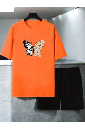 Unisex Papatya Kelebek Tasarım Basklı Tshirt Şort Takımı