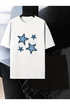 Unisex Yıldızlar Tasarım Basklı Tshirt Şort Takımı