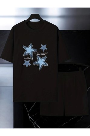 Unisex Yıldızlar Tasarım Basklı Tshirt Şort Takımı